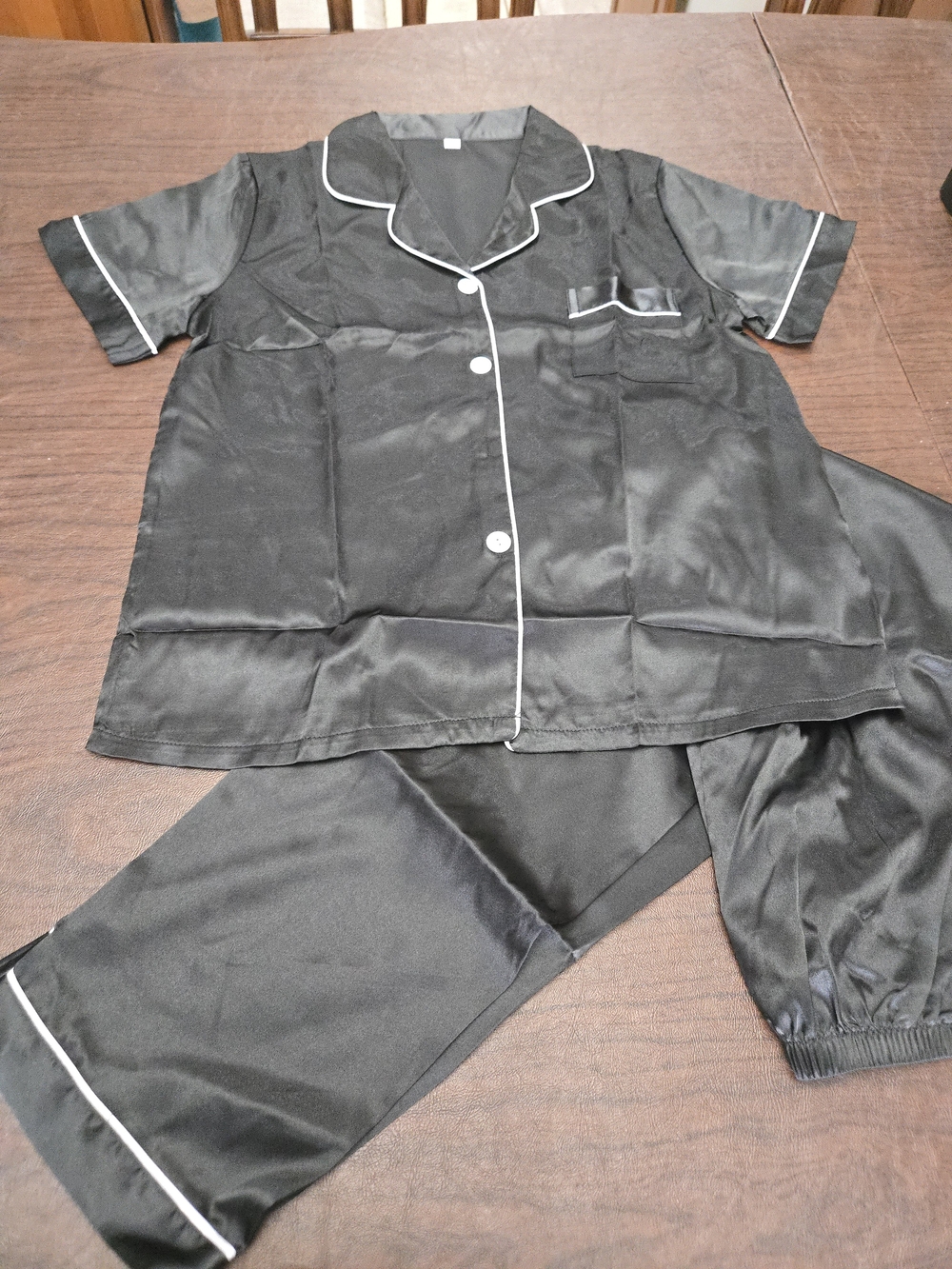 Black Satiny Womens Pajama Set Top & Pants with Contrast Piping